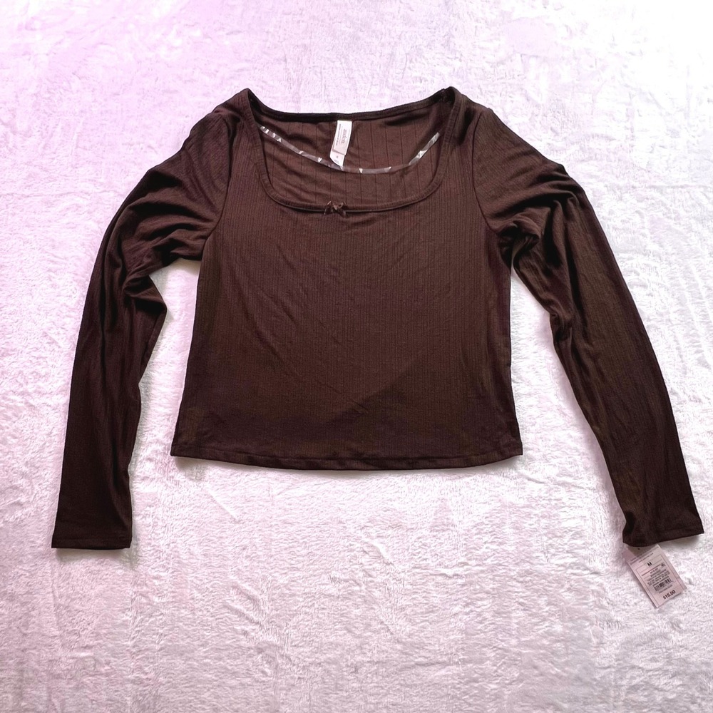 Auden Women Brown Ribbed Long Sleeve Square Neck Bow Top Size Medium New